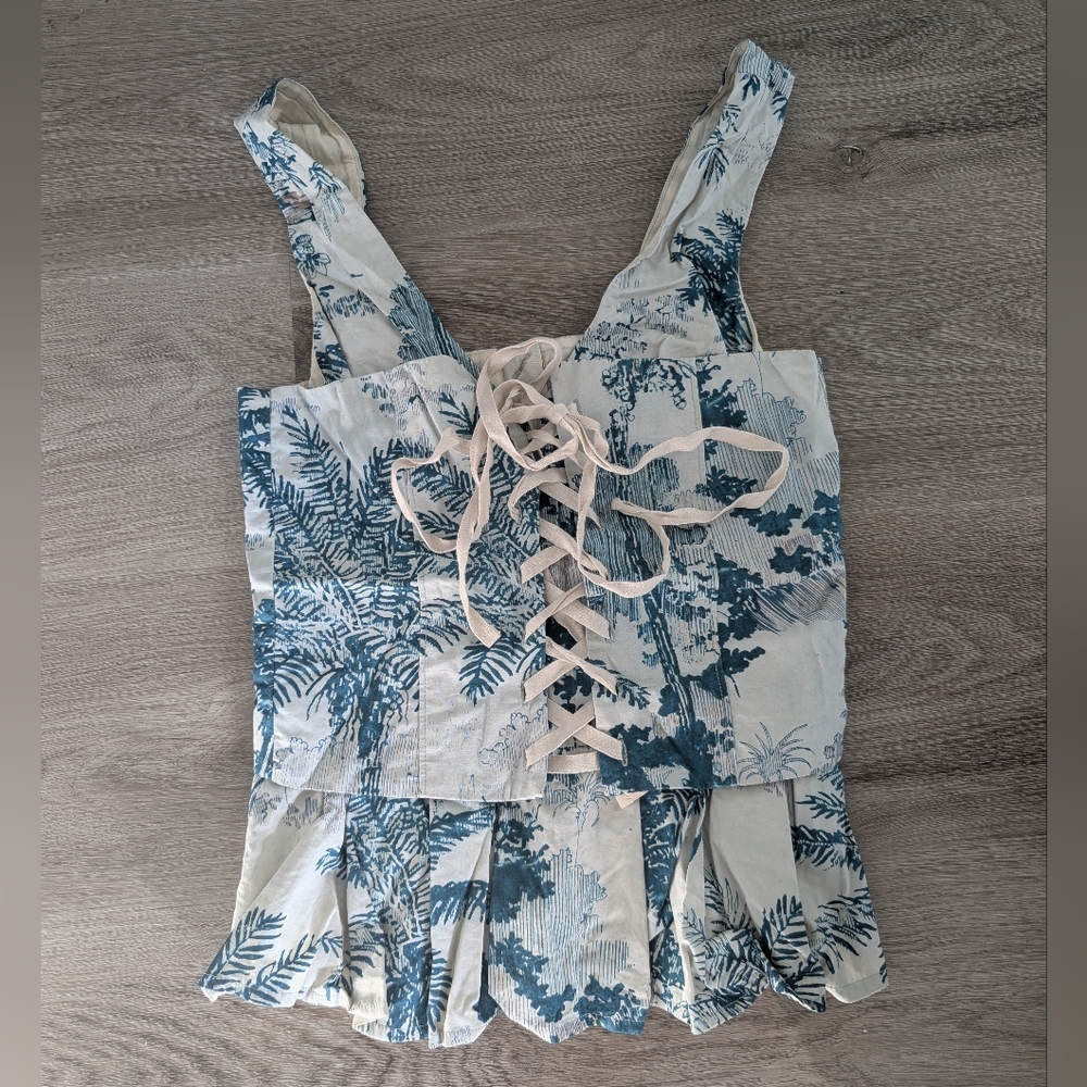 Leifsdottir Lace-Up Corset Top – Blue Toile Print – Size 0 🌿✨